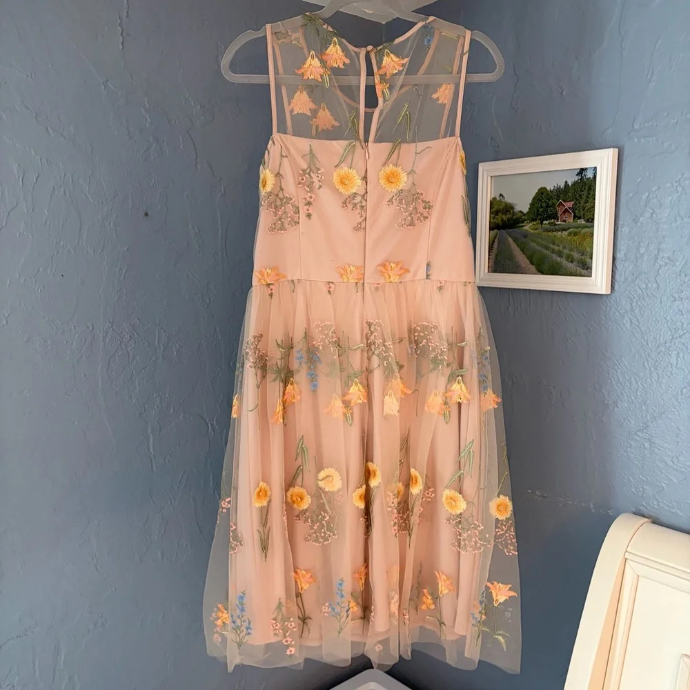 Jessica Howard Peach Midi Dress with Yellow Floral Embroidery, size 10 - Picture 4 of 6